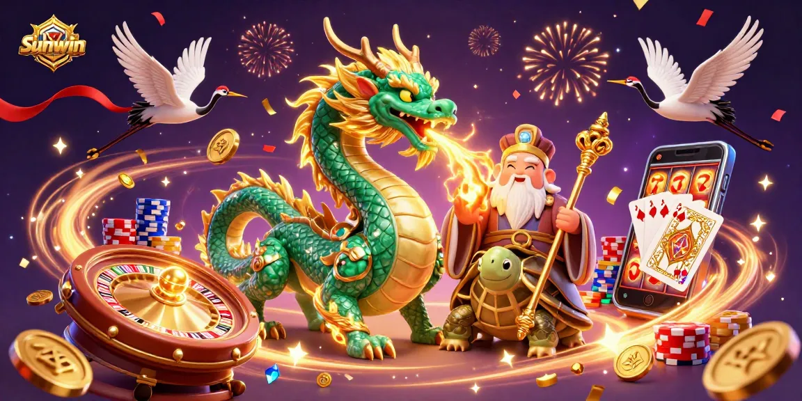 Experience the thrill of Sunwin as the jade dragon roars amidst cascading coins and lucky game symbols.