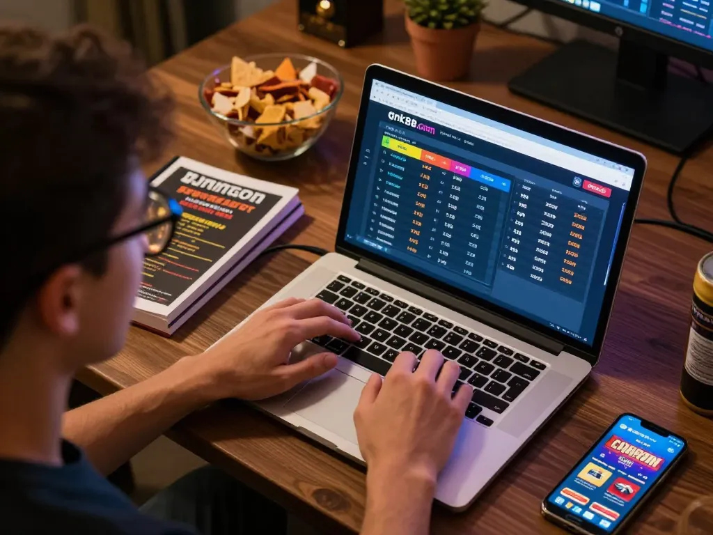 Engaged user exploring betting odds on gnk88.com in a cozy home setting, integrating responsible sports wagering.