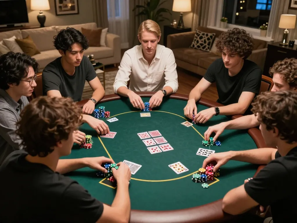 Friends playing poker at home while using the Onbet app for strategic betting