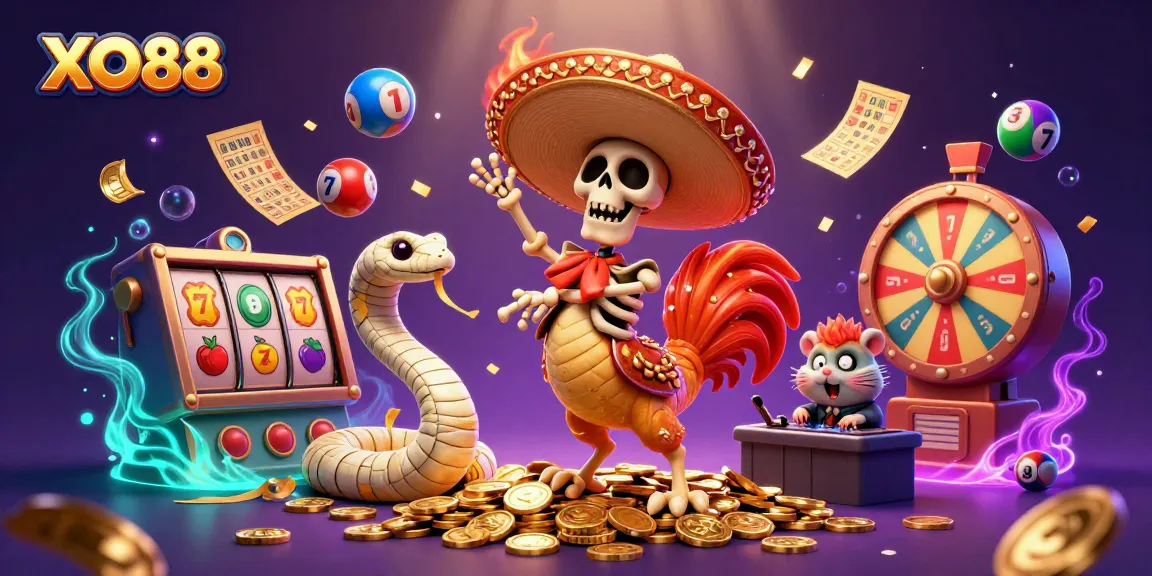 Engage in the thrilling XO88 casino experience with a dynamic 3D scene featuring lively characters and exciting gaming elements.