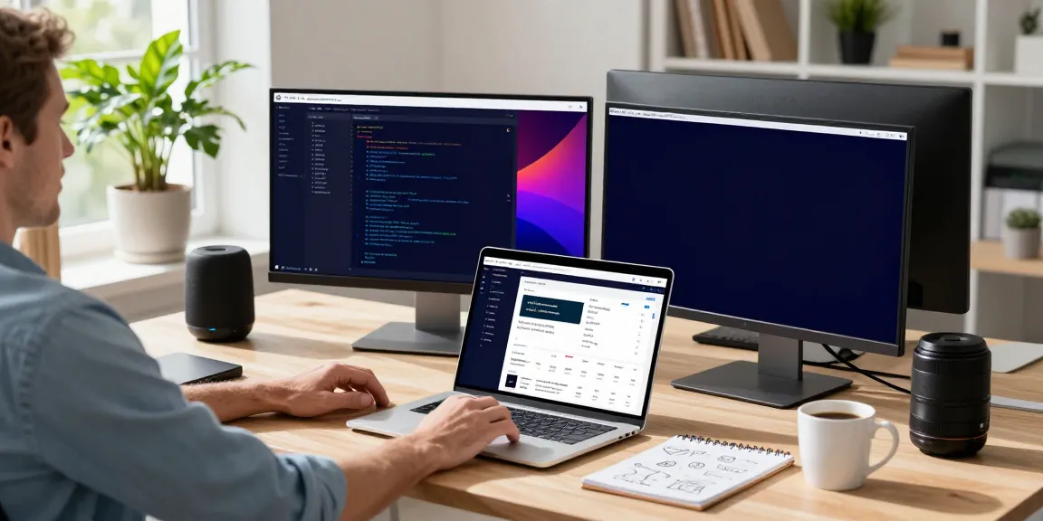Developer utilizing instant indexing tools at modern workspace with dual monitors.