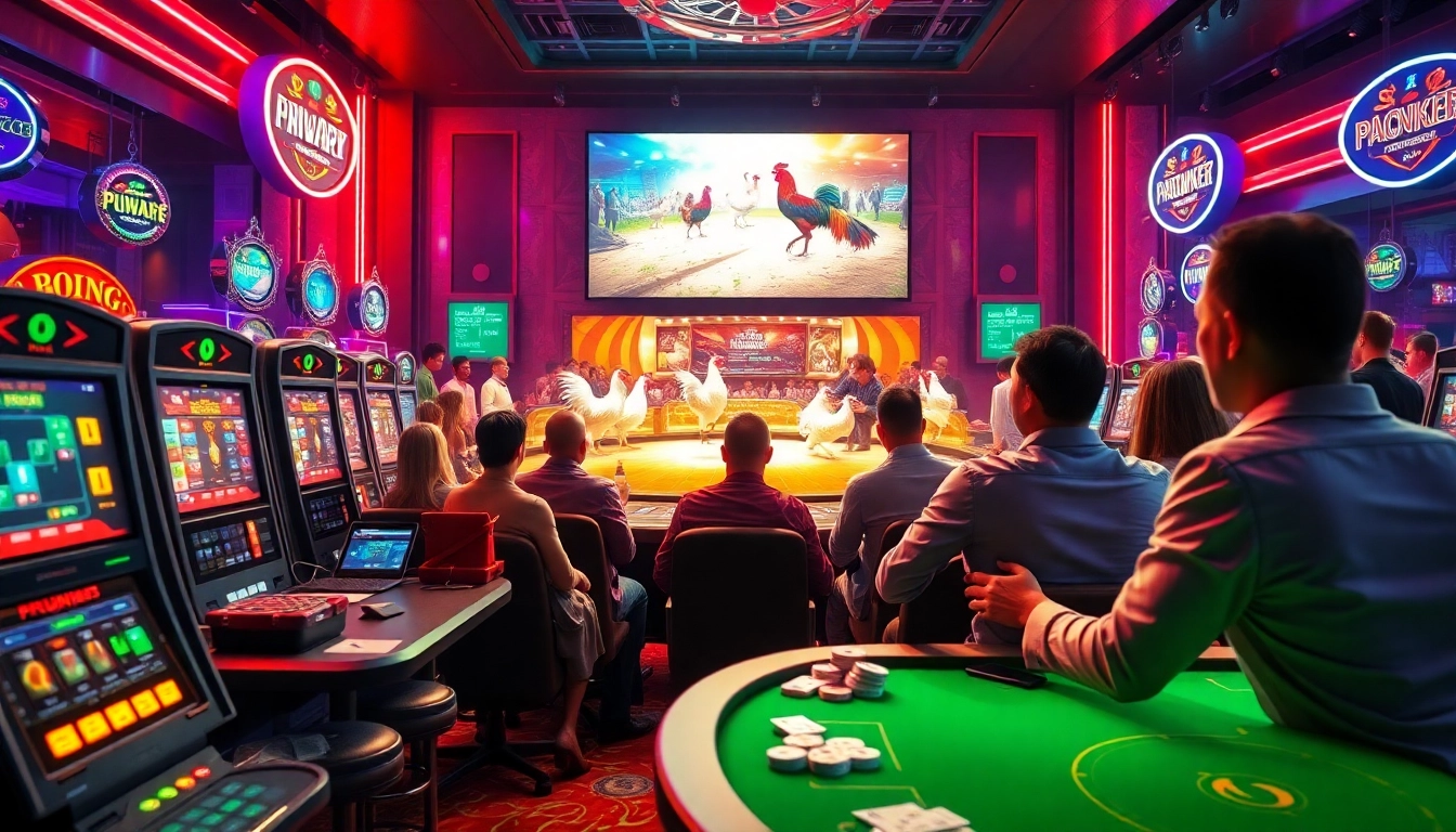 TRỰC TIẾP ĐÁ GÀ C1 - Live chicken fight excitement in a vibrant casino atmosphere.