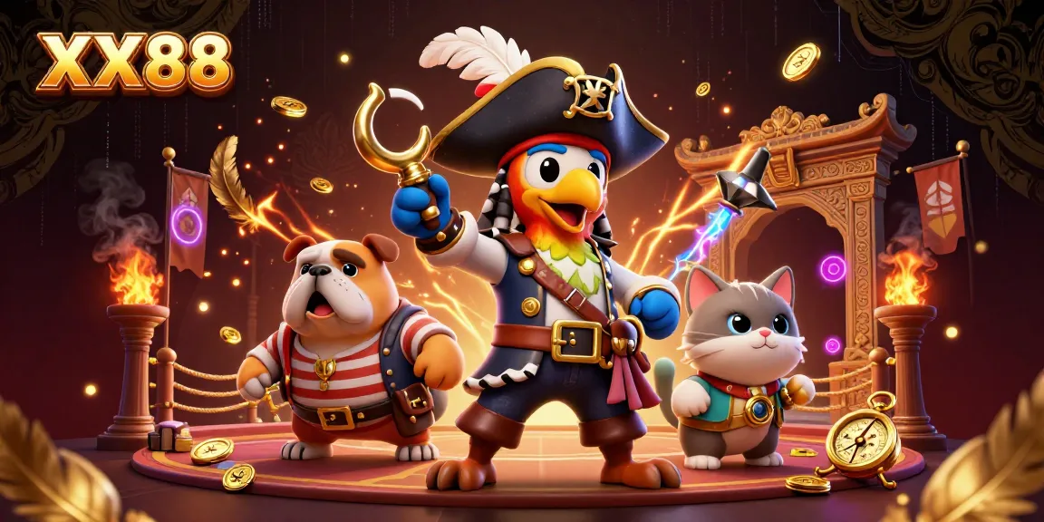 Engage with the action at XX88, where a colorful pirate captain leads in a vibrant casino scene filled with treasures and excitement.
