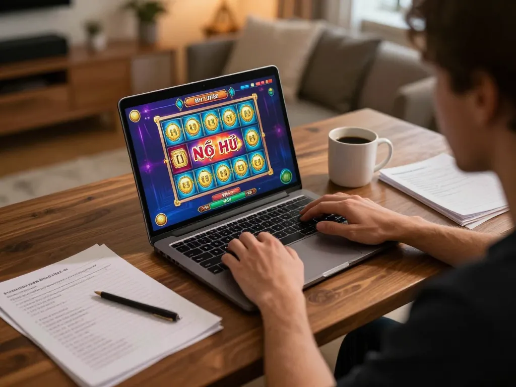 Player enjoying Nổ Hũ game on laptop in cozy home setting, emphasizing strategic gaming experience.