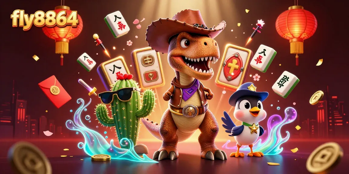 Experience online gaming excitement with fly8864's vibrant casino scene featuring T-Rex and friends.
