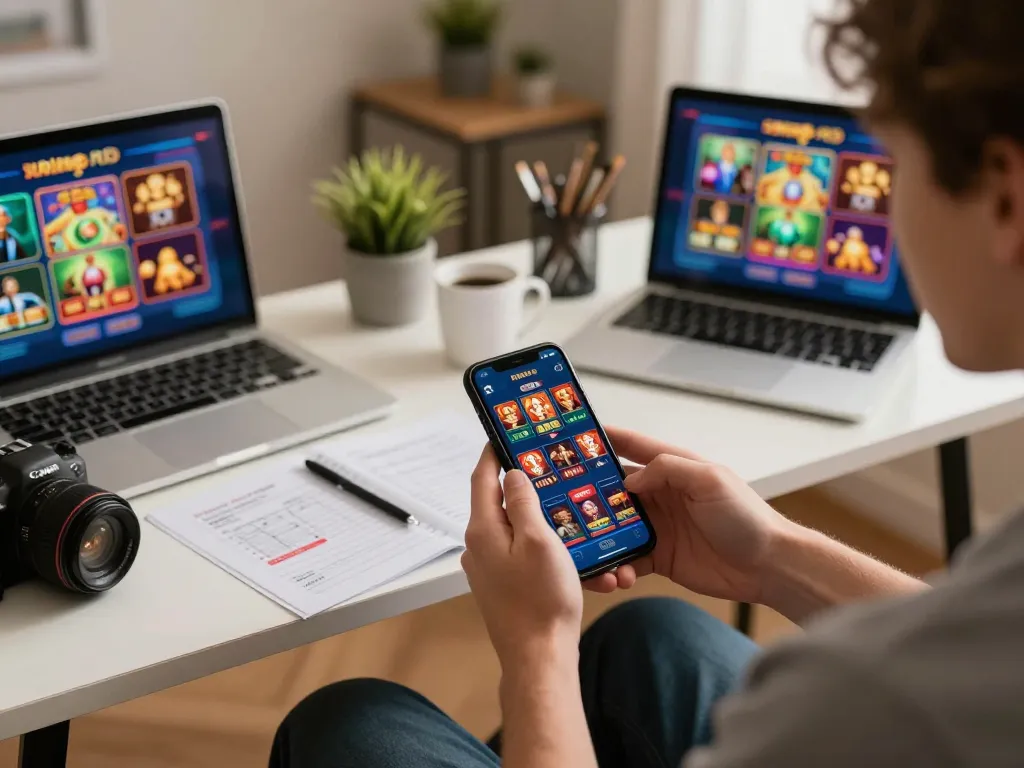 Player engaging with the 58wiin mobile casino app, showcasing a vibrant gaming experience amid a cozy home atmosphere.