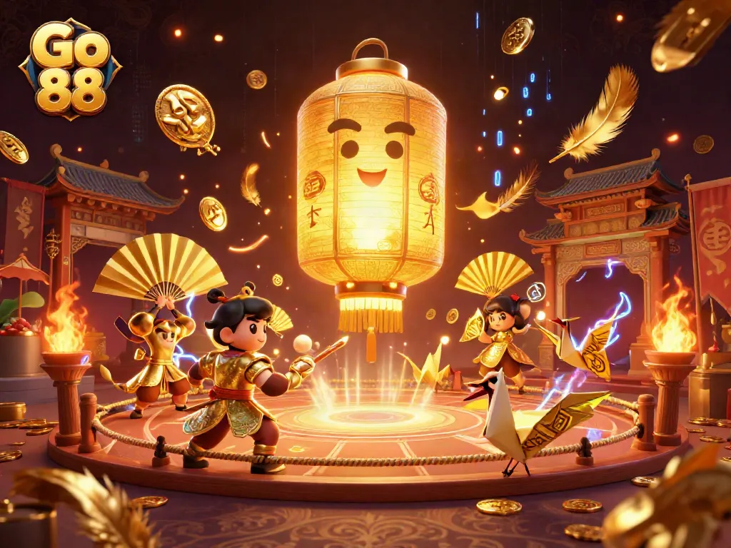 Experience thrilling gaming adventures at Go 88, illustrated with lantern spirits and warriors.