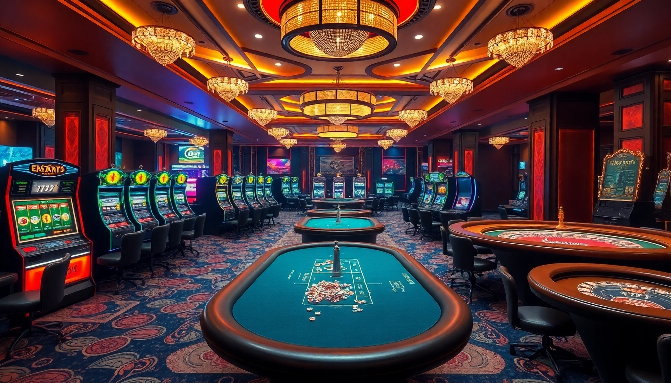 Engaging scene of a lively casino showcasing 777X ATQ with vibrant tables and slot machines.