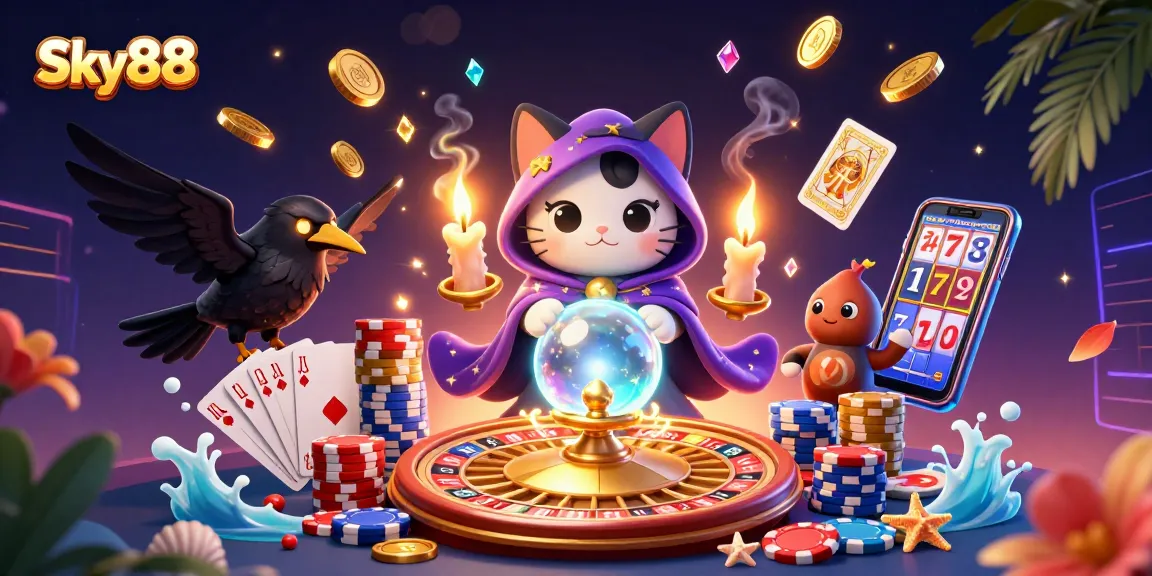 Experience Sky88's vibrant casino world with mystical characters and exciting game elements.