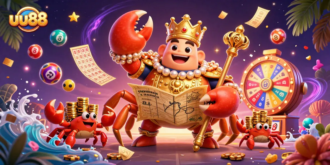 Experience thrilling games at uu88 with a colorful lottery scene featuring vibrant elements and a majestic crab emperor.