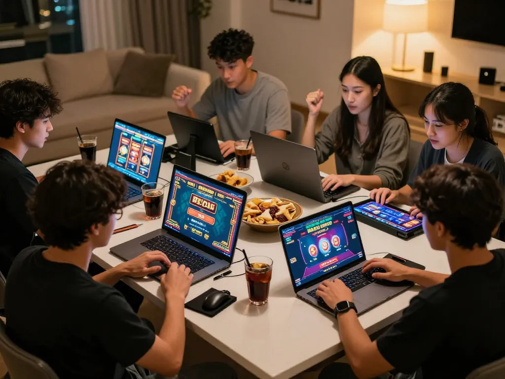 B52 Club players engaged in exciting online gaming session with vibrant visuals and modern setups.