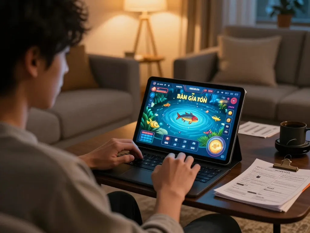 bắn cá đổi thưởng gameplay on a tablet, set in a cozy home gaming environment