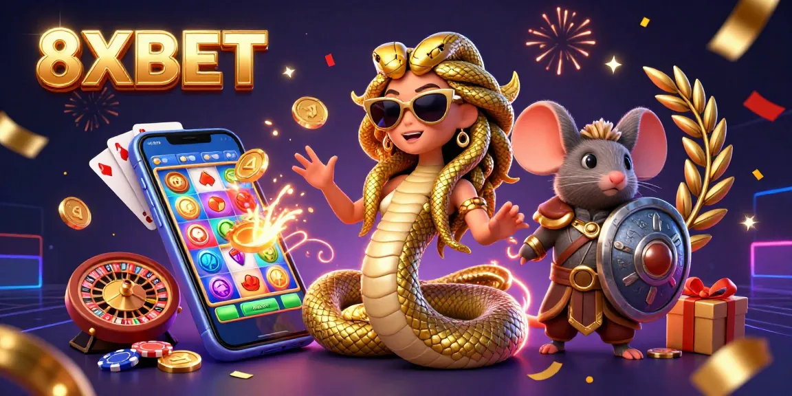 Experience exciting gaming action with 8XBET in this vibrant 3D casino illustration filled with fun characters and gambling elements.