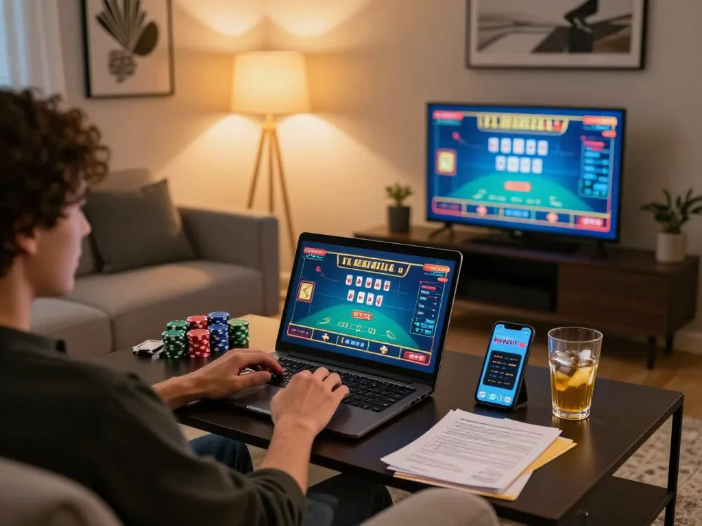 A person enjoys online gambling on kuwin, engaging with live games in a cozy home setting.
