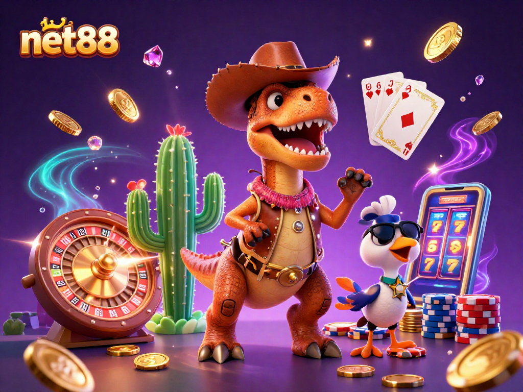 Spin the reels at net88 with a dinosaur, cactus, and roadrunner showcasing vibrant casino elements.