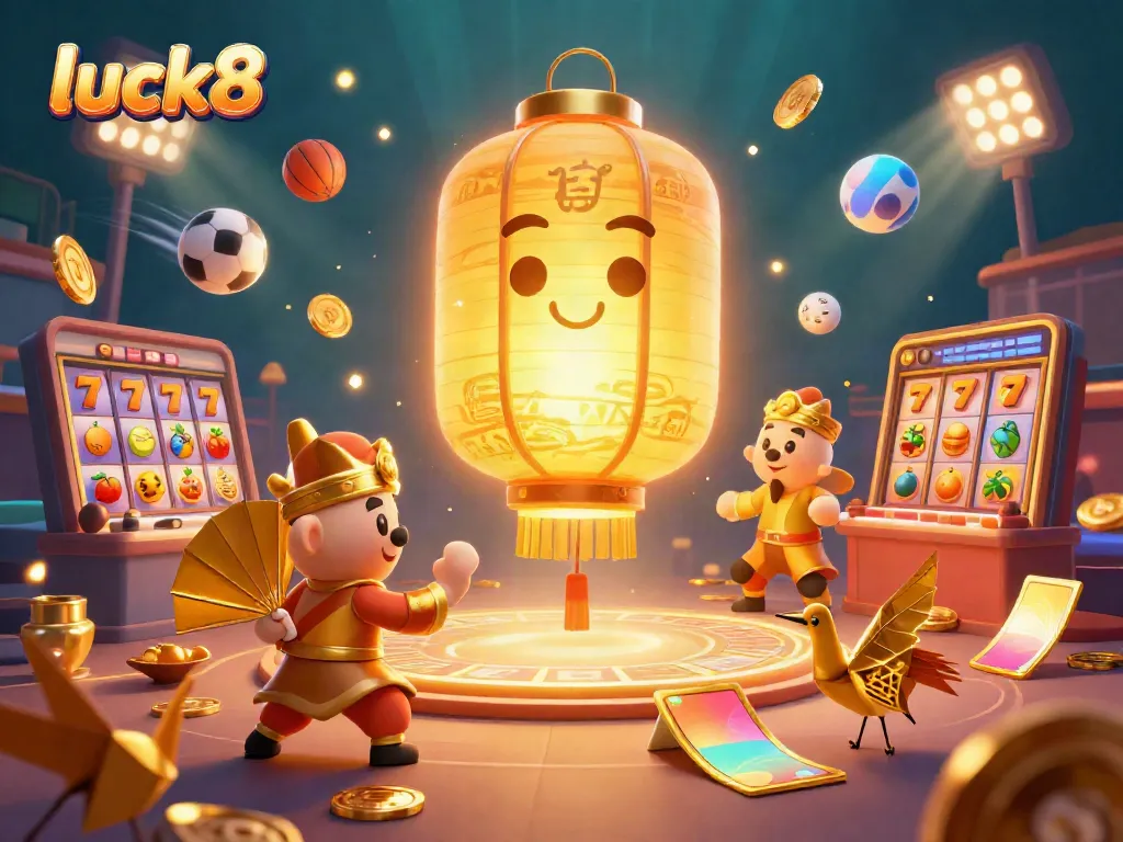 Experience the thrill of luck8 in this vibrant 3D casino scene filled with dynamic gaming elements and lucky symbols.