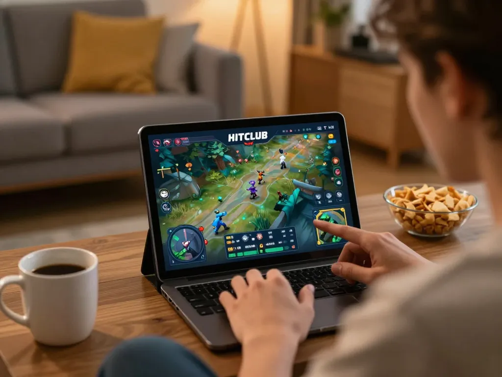 Engaged player enjoying HITCLUB gaming experience on tablet with cozy home atmosphere.
