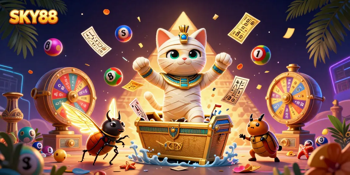 Engage with SKY88's dynamic casino experience featuring a vivid Egyptian-themed illustration.