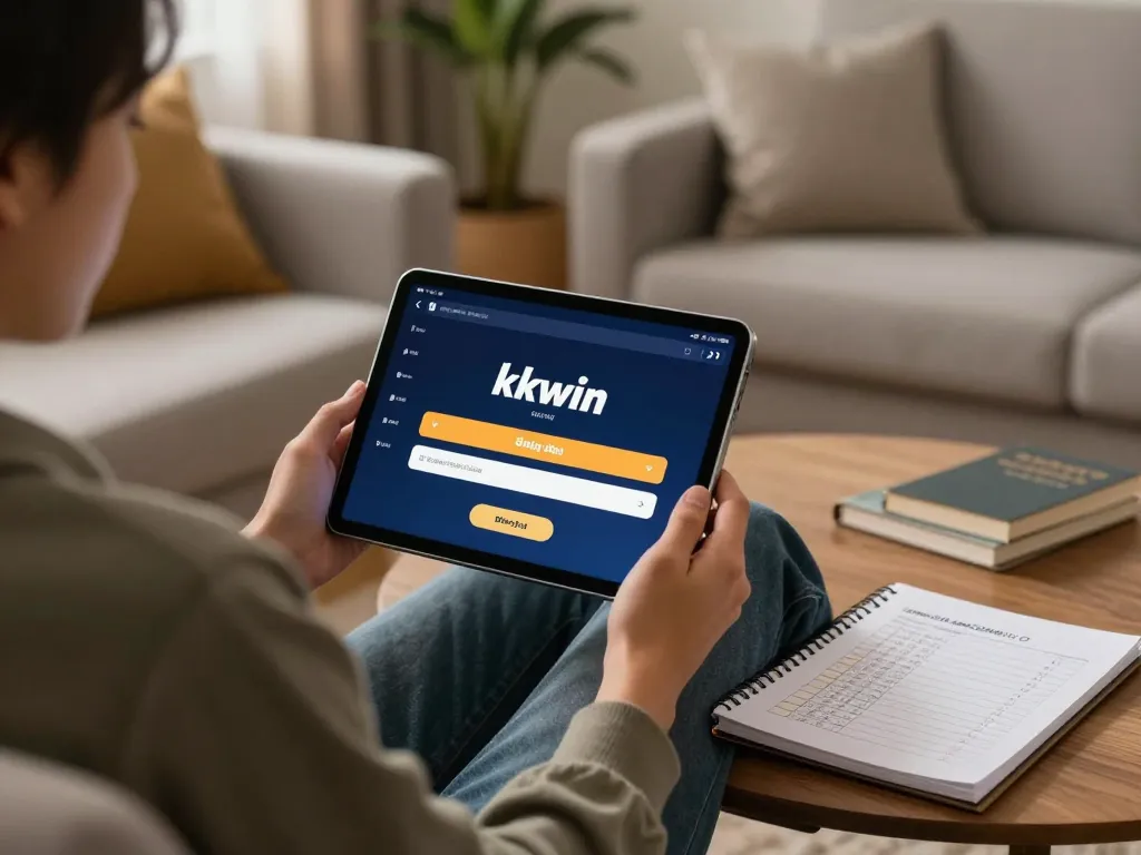 Engaging with kkwin đăng nhập on a tablet for online casino gaming in a cozy home setting.