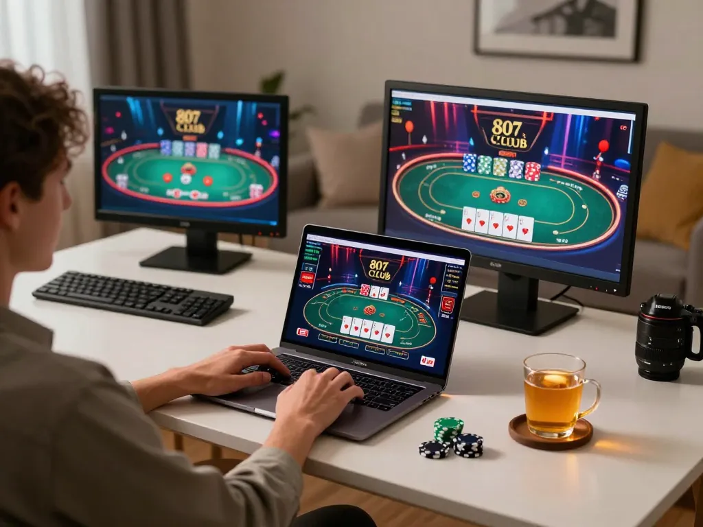 Player engaging in exciting online poker at the 807 club on a laptop, showcasing vibrant gaming interface and cozy atmosphere.