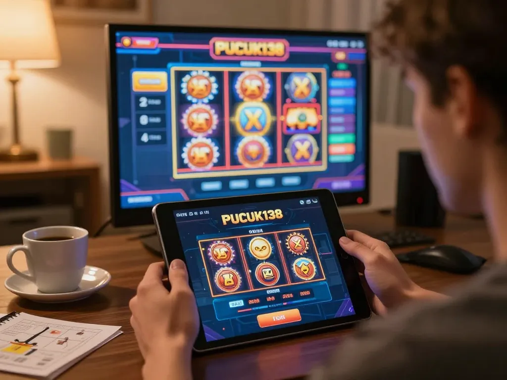 Player enjoying an online slot game on PUCUK138 app during a cozy home session