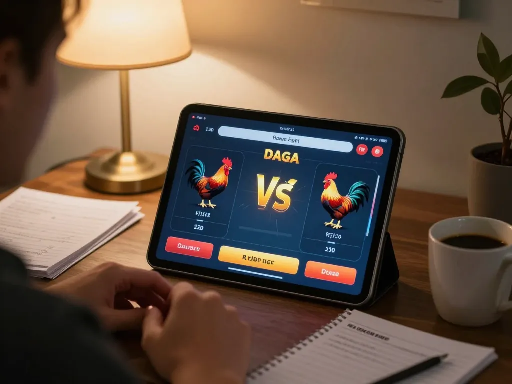 Daga live betting experience on a tablet with dynamic rooster graphics in a cozy setup