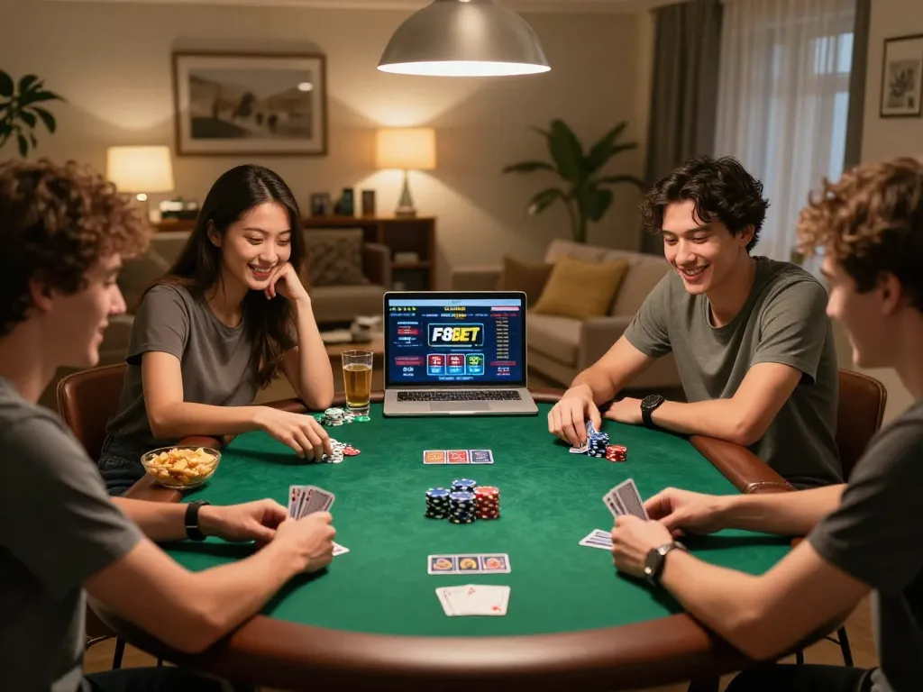 Friends enjoying a poker game with F8BET online casino interface on laptop, lively atmosphere.