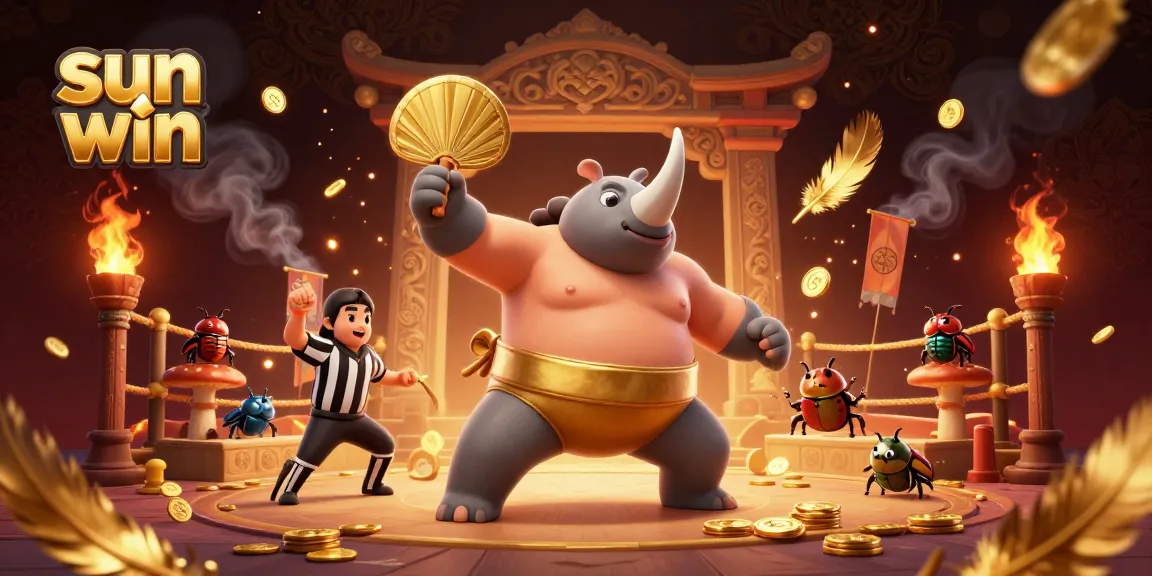 Experience the thrill of sun win with a dynamic illustration of a sumo champion beetle in action, surrounded by coins and energy.