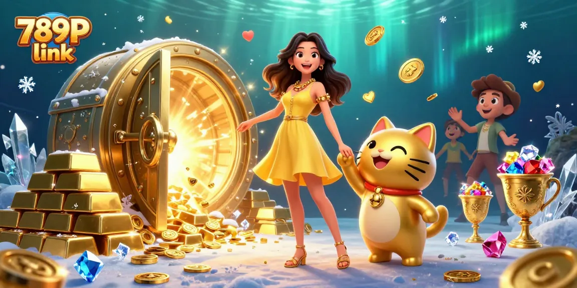 Engage in captivating gameplay at 789P link with treasures and vibrant casino elements surrounding lively characters.