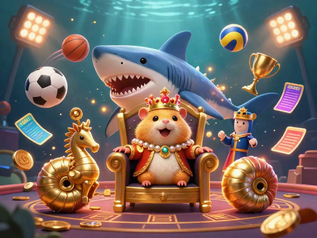 Experience the vibrant debet casino throne scene with the golden hamster king, seahorse guards, and dynamic sports elements.