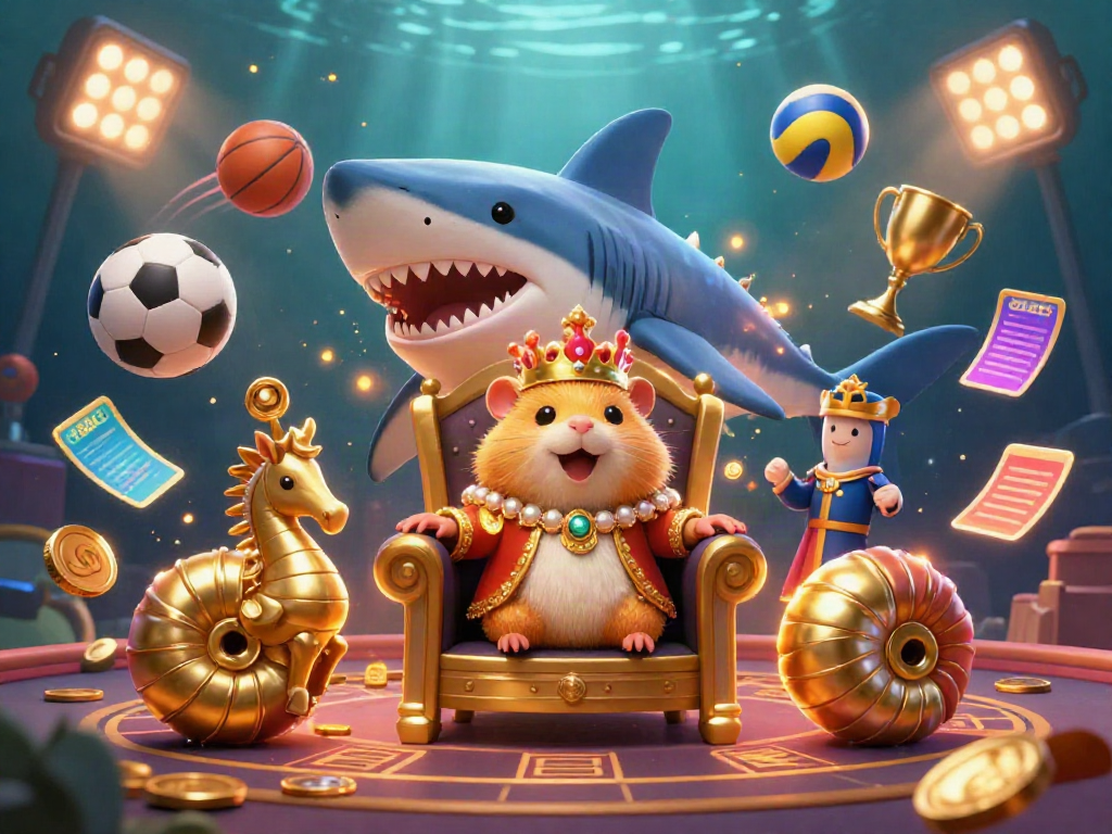 Experience the vibrant debet casino throne scene with the golden hamster king, seahorse guards, and dynamic sports elements.
