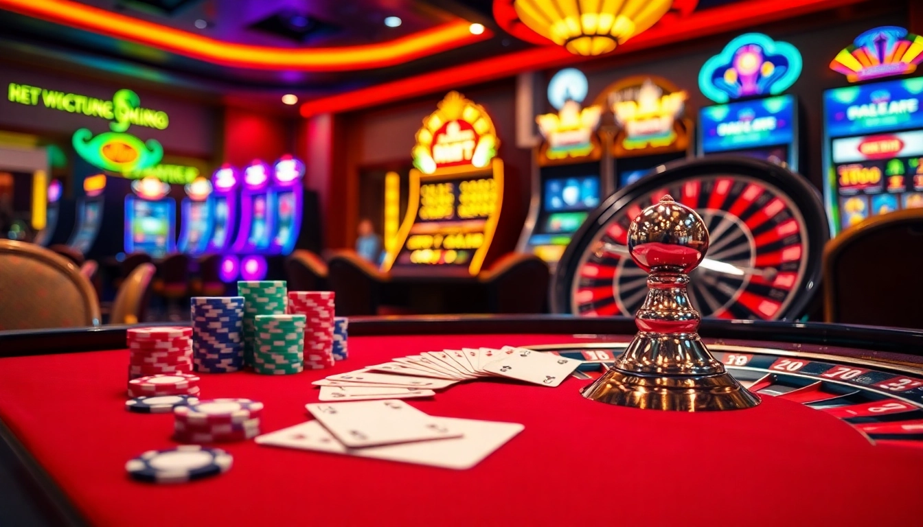 Experience the thrill of gaming action at https://89bet.sh/ with a vibrant casino scene showcasing poker, roulette, and slot machines.
