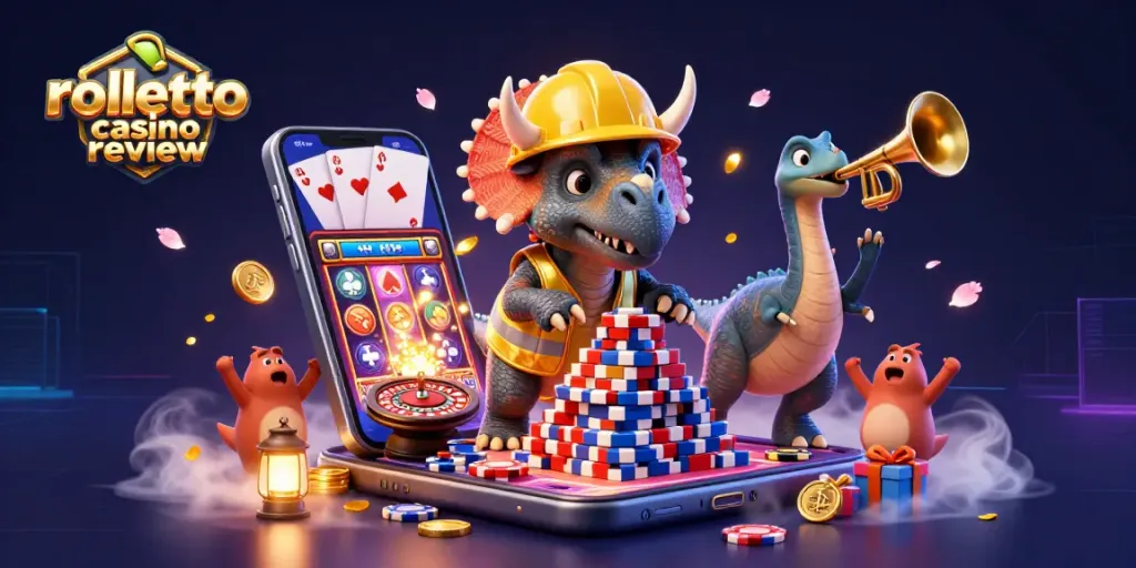 Experience an engaging rolletto casino review with festive dinosaurs celebrating over thrilling gaming elements.