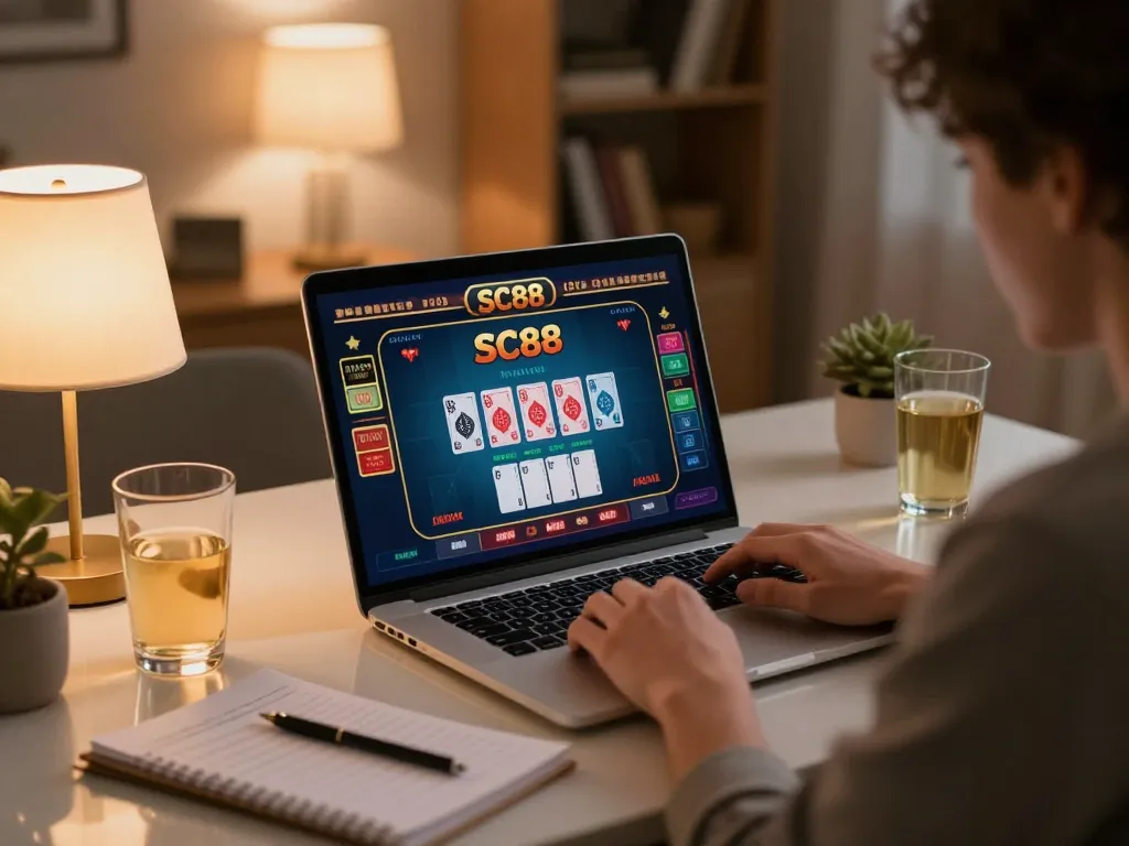 Engaged player using SC88 online casino on laptop, enjoying live game in cozy home setting.