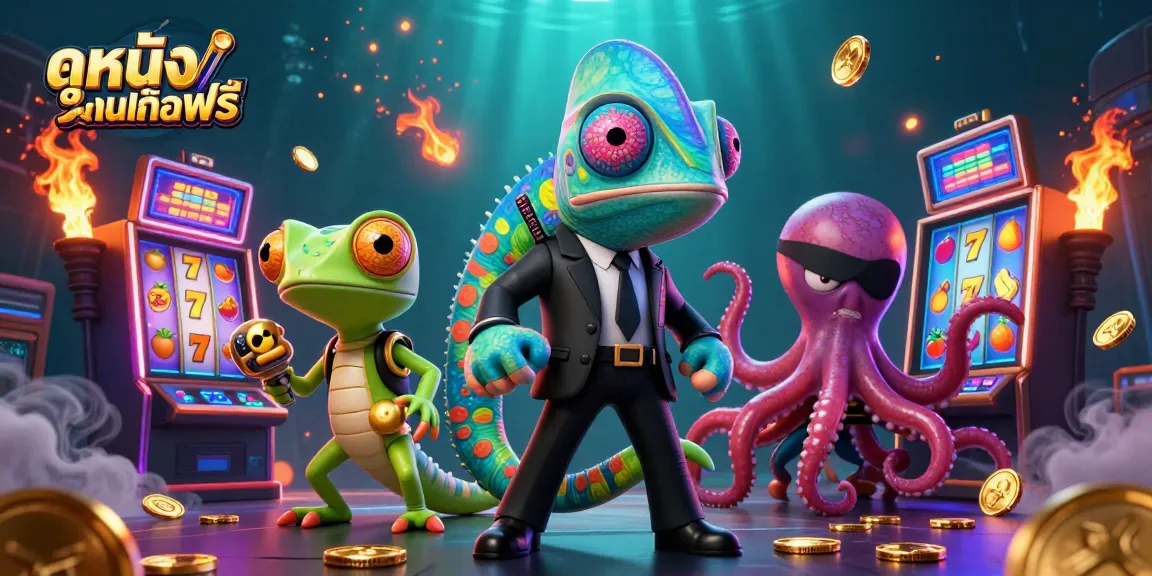 Play ดูหนังออนไลน์ฟรี while enjoying vibrant slot machines and animated gaming elements in an exciting casino atmosphere.