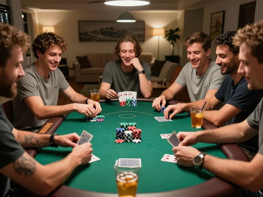 8day players engaging in a lively home poker game, revealing vibrant chips and cards in hand for an immersive experience.