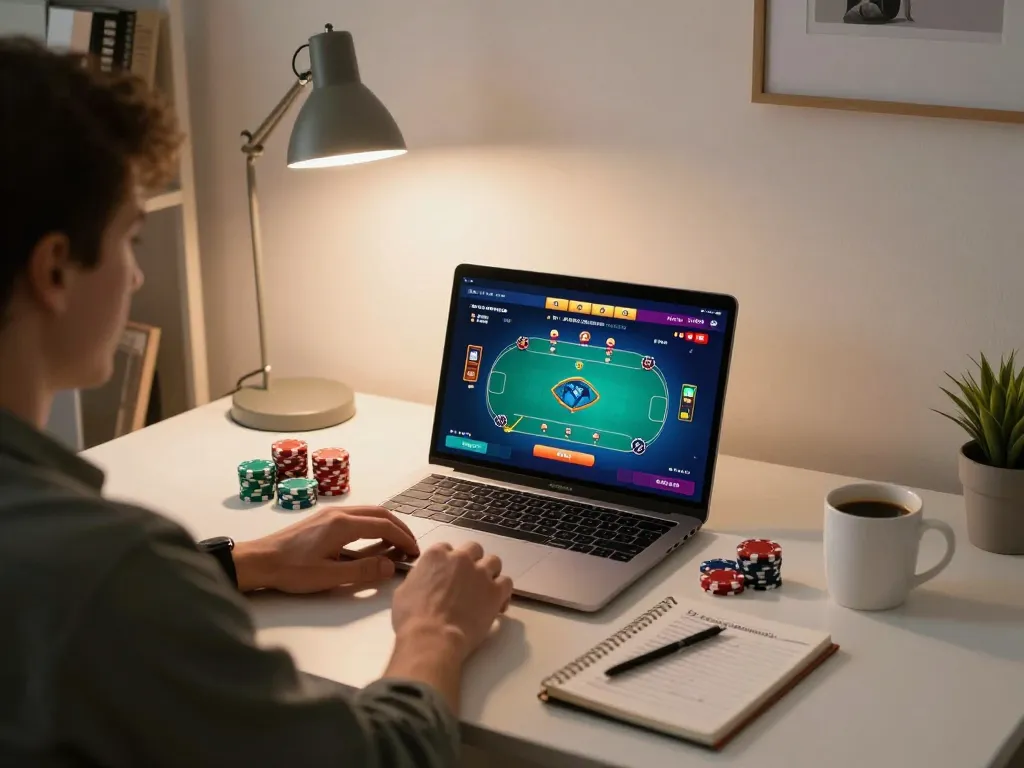 Engaging online poker game scene featuring Nhà cái SKY88 on a laptop, showcasing strategy and excitement in gaming.