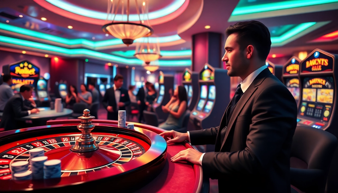 A vibrant casino scene showcasing exciting games at nhà cái gg88, including poker, roulette, and slot machines.