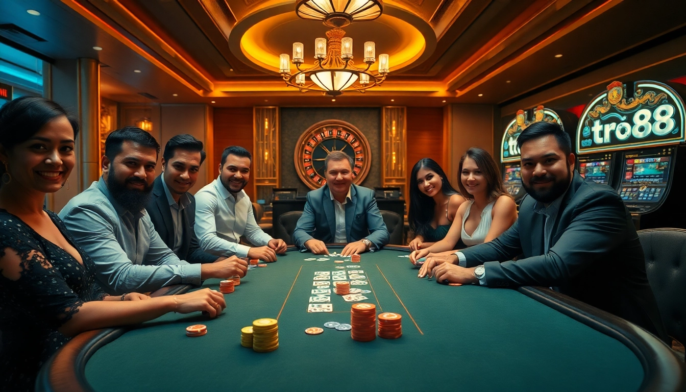 Players engaged in a high-stakes poker game at a luxurious casino featuring tr88 elements.