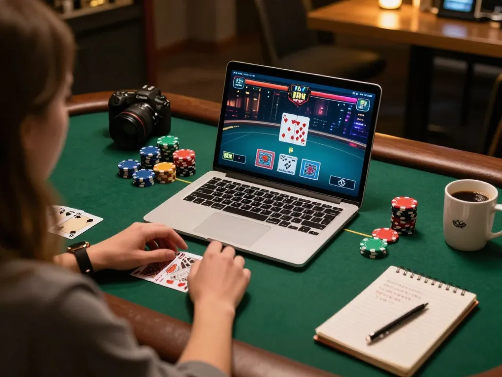 Engaged user playing poker online at go88a.bid, seated at a modern desk with chips and strategy notes.