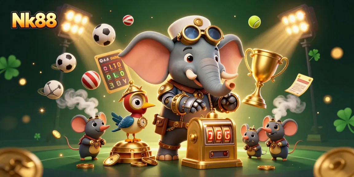 Experience thrilling gameplay at Nk88 with a steampunk elephant operating a vibrant slot machine!