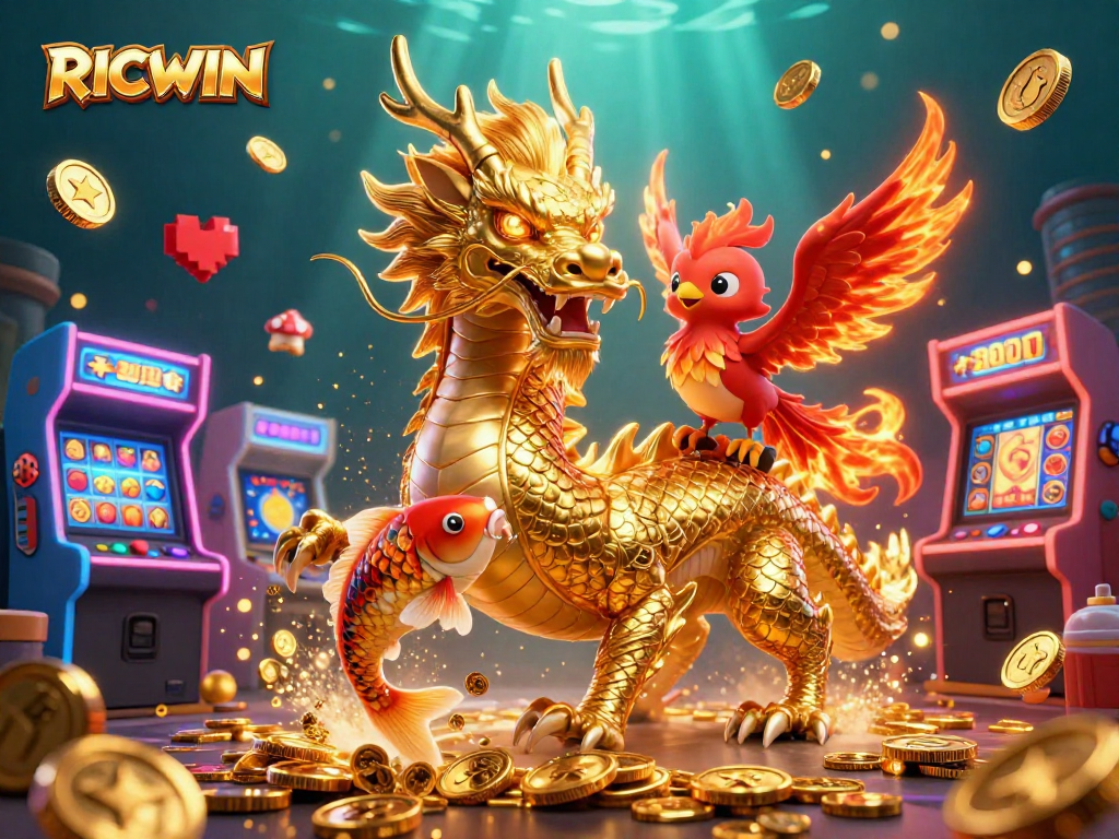 Play RICWIN slots with the fierce dragon and phoenix amidst vivid casino elements.