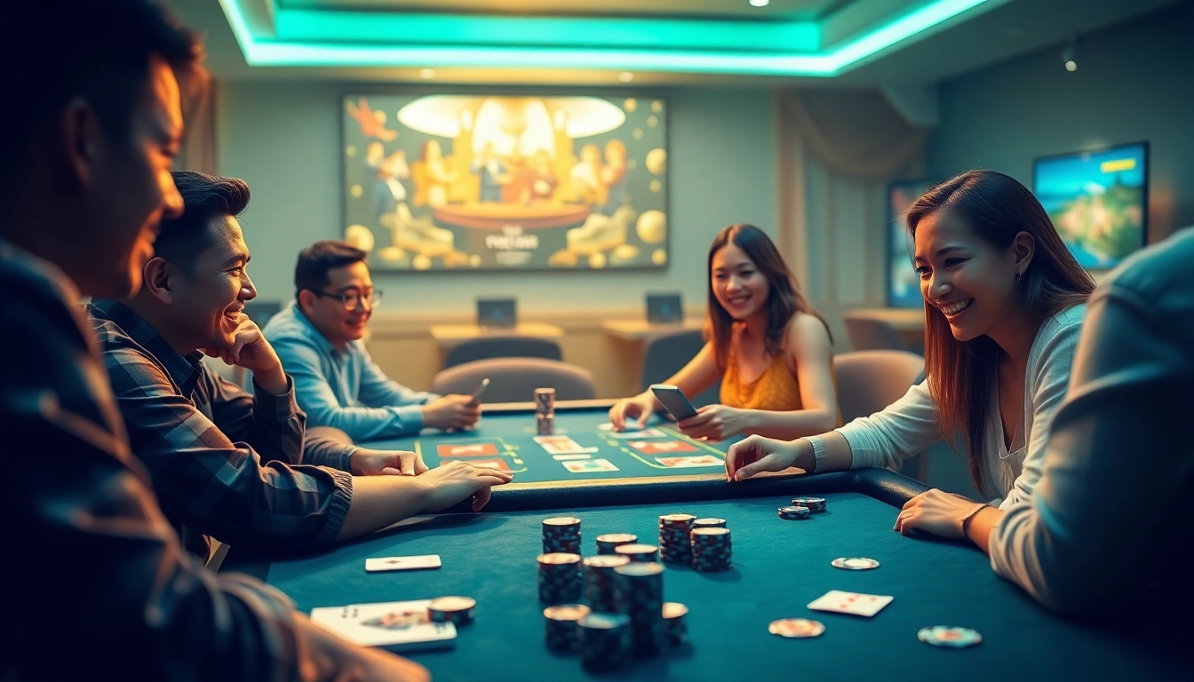 Engaging online gaming scene at topgamebaidoithuong.mx featuring players enjoying Poker, Tiến Lên, and Baccarat.