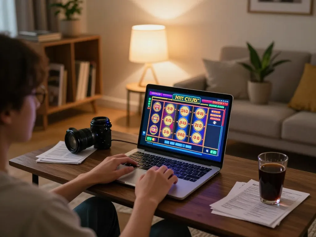 Engaging session at Hitclub online casino with player spinning slots on laptop.