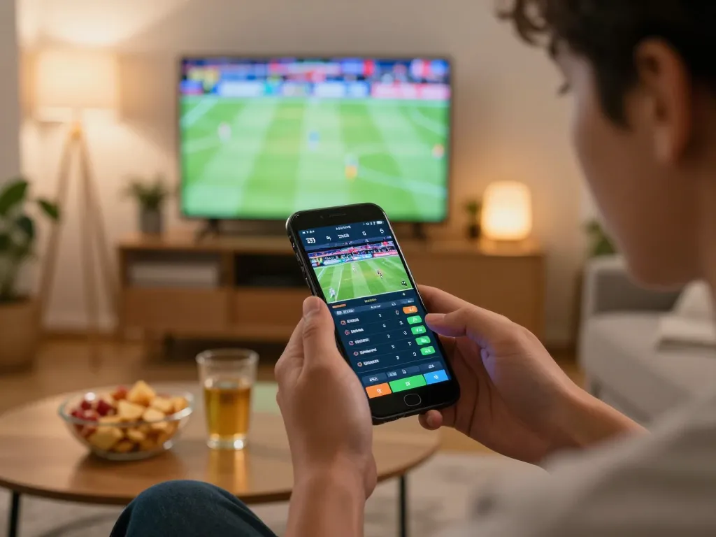 Player using the s666no1 app to place live bets during a thrilling sports match in a comfortable home setting.