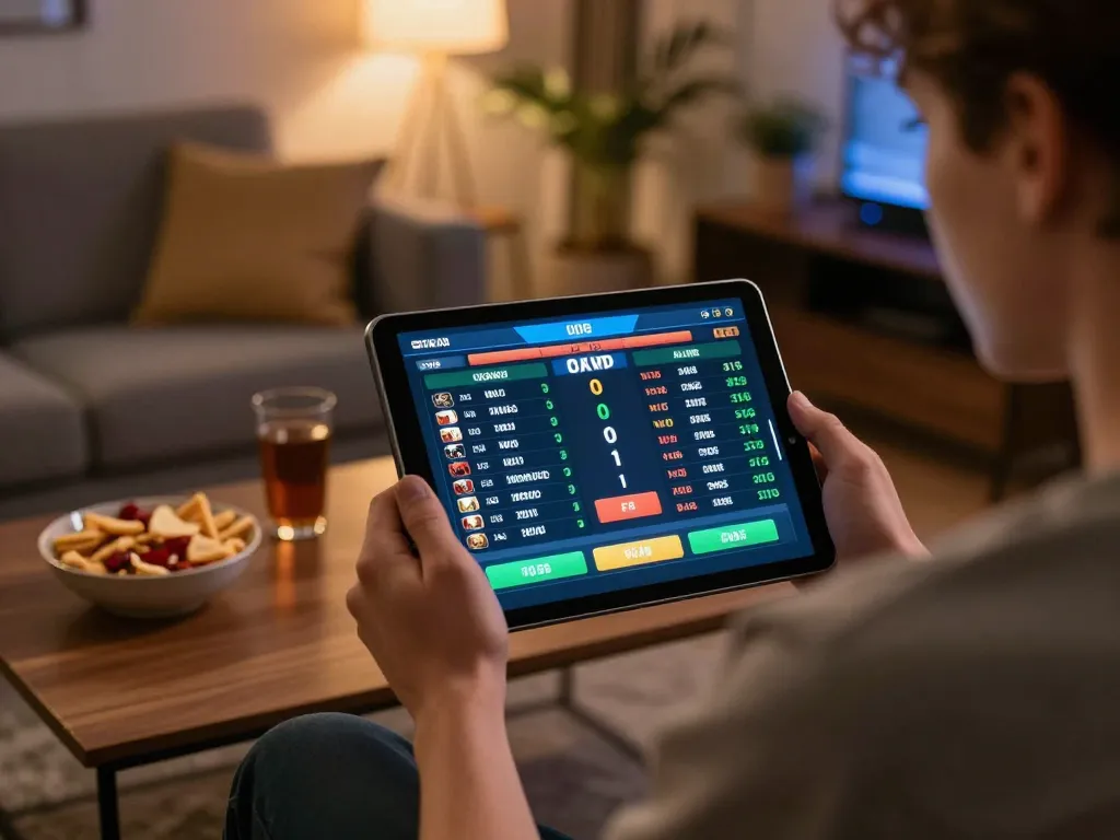 Engaging online sports betting moment on RR88 with live game odds on a tablet in a cozy setting.