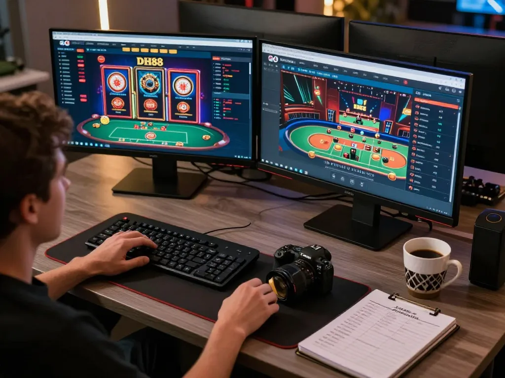 Tải DH88 app on an inviting gaming setup, showcasing a person engaged in online gambling.