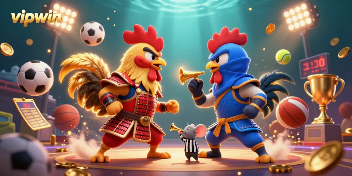 Experience the thrilling action of vipwin with cartoon stylized roosters in a dramatic gambling showdown.