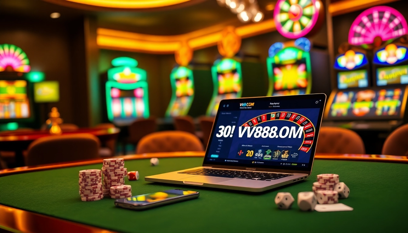 Experience high-stakes gaming action at vu88.com with vibrant poker chips and roulette wheels.