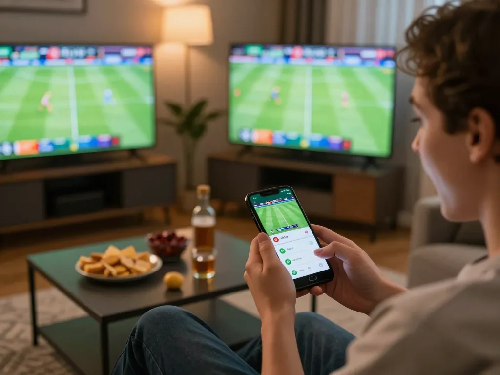 Person placing live bets on 88vv while watching a football match, showcasing engaged sports betting experience.